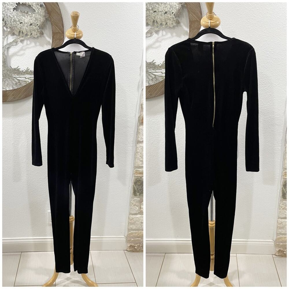 Yellow Cabbage Long Sleeve V Neck Velvet Jumpsuit Unitard Onesie Black Small